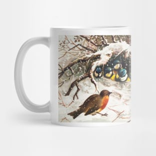 Vintage Christmas Postcard Depicting Birds in Snow Mug